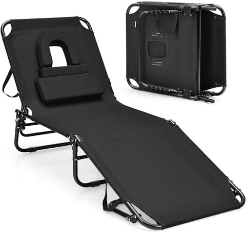 GOPLUS Sonnenliege klappbar, Gartenliege mit Gesichtsöffnung & abnehmbaren Kissen zum Sonnenbaden, Liegestuhl mit 5-stufig Verstellbarer Rückenlehne, Relaxliege für Garten Strand Camping (Schwarz)