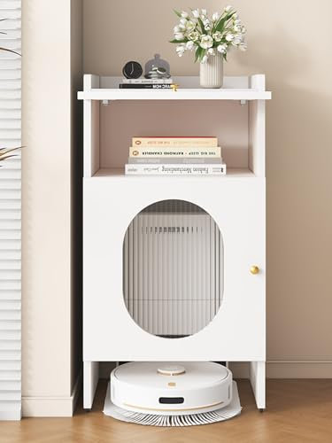 Support pour robot aspirateur laveur Armoire De Rangement Mobile Pour Aspirateur Robot, Support D'angle Caché Pour Aspirateur Robot Pour Salon Bureau À Domicile Garage, Table D'appoint En Bois(White,5