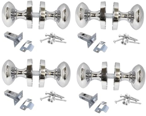 Polished Chrome Round Door Knob Set Including Tubular Latch - Victorian Style Sprung Internal & External Door Knobs for Mortice Locks & Tubular latches (4 Pair of KNOBS + Tubular Latch)