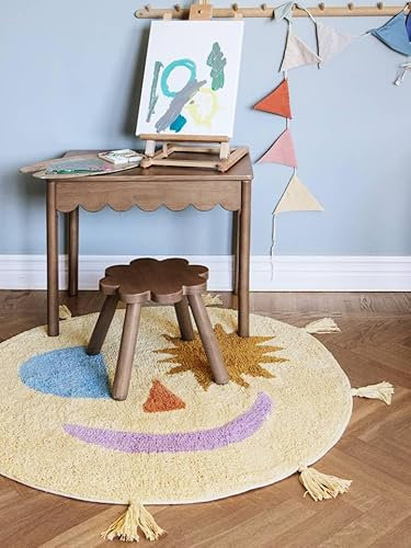 RugVista Smiley, Kinderteppich, Ø 100 cm, Rund, Mittlerer Stapel, Kinderzimmer, Maschinenwäsche, Ohne gefährliche Chemikalien, Gelb/Multi