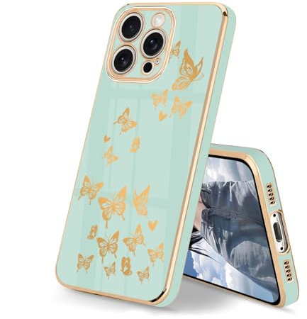 HopMore Case for iPhone 16 Pro Max Phone Case with Gold Butterfly Heart Pattern Design, Ultra Slim Thin Soft Silicone Shockproof Flexible TPU Anti-Scratch Cover for iPhone 16 Pro Max, Mint Green