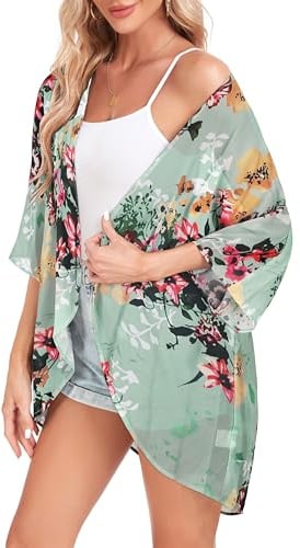 Womens Tops Floral Print Open Front Kimono Cardigan Casual Bikini Cover Up(Mint,XL)
