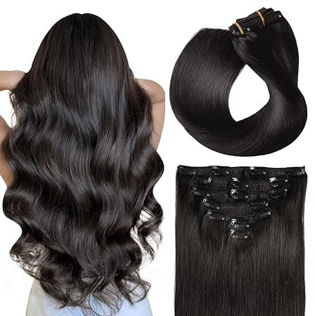 SUYYA Clip in Extensions Echthaar, Salon Remy Menschenhaar Extensions Echthaar Gerade Glatt Chthaar Extensions Clip Doppelt Genäht 16 Zoll 40cm 7 Stück 70G #1B Natürliches Schwarz