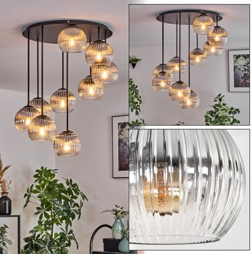 HOFSTEIN Deckenleuchte Koyoto, 9-flammige Deckenlampe aus Metall/Riffelglas in Schwarz/Gold/Klar, Leuchte im Retro/Vintage-Design (Schirme Ø 15 cm), E14, Esszimmer, Wohnzimmer, Schlafzimmer, Küche