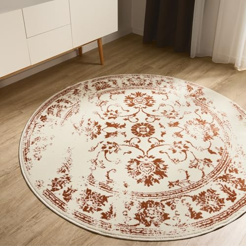 benuta Basic Teppich Suki - Creme/Orange 160 cm rund - Kunstfaser - rund & im Style: Vintage, Orient Style - Pflegeleicht für Wohnzimmer Schlafzimmer
