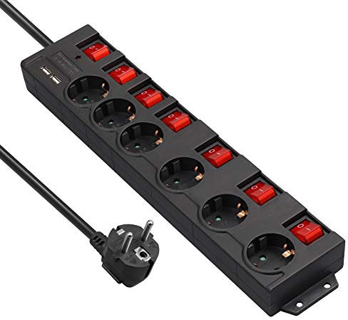 DEWENWILS Multiprise avec 6 Prises & 2 USB & 7 Interrupteurs Individuel, 3680W Max, Montage Mural, Sécurité Enfants, Rallonge Multiprise Parafoudre et Surtension avec Câble 2M,Noir