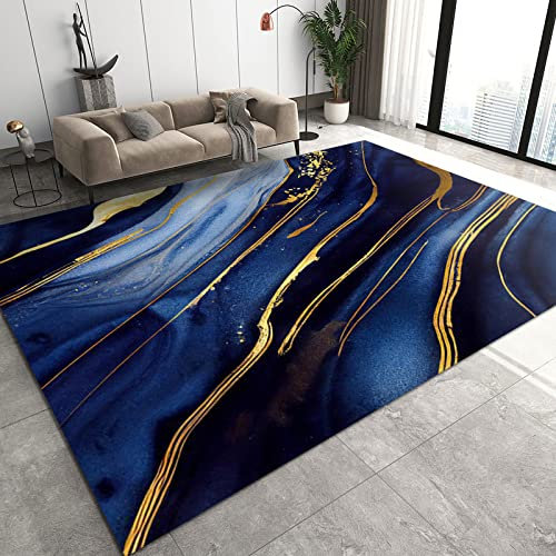 Abstrakt Blau Gold Marmor Teppich Rutschfester Teppich für Wohnzimmer Arbeitszimmer 140 x 200 cm, Ölbild, Graffiti, Farbverlauf Muster, Klare, bequeme Füße