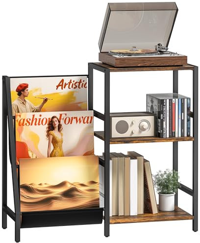 HOMCOM Record Player Stand, 3-Tier Side Table with Vinyl Record Storage, End Table with 3 Oxford Cloth Magazine Racks for Living Room, Bedroom, Rustic Brown