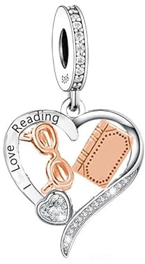 Ich liebe Lesen Charm kompatibel mit Pandora Armband, 925 Sterling Silber Dangle-Anhänger Buch und Brille, Roségold Geschenk zum Geburtstag