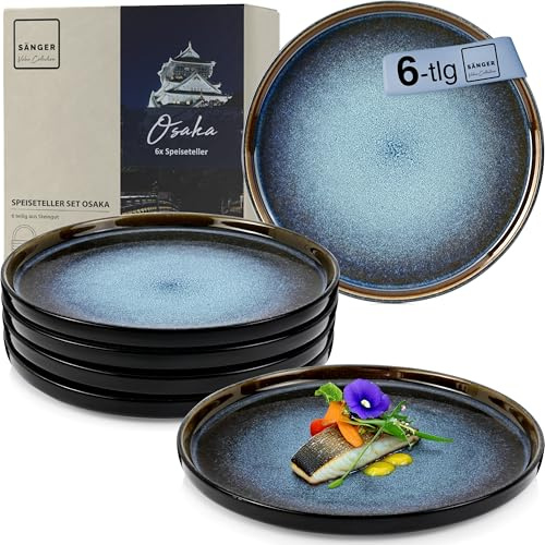 SÄNGER Osaka | Teller Set 6 Personen, Steingut Geschirr Set 6 teilig, Speiseteller Essteller Dinner Set kratzfest, Plates Set spülmaschinenfest, Speiseteller blau mit schwarzem Rand | VALUE COLLECTION