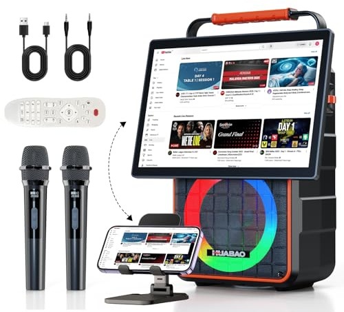 Portable Bluetooth Karaoke Speaker with 14.1” HD Screen, Wireless Screen Mirroring for iOS & Android, 2 Wireless Rechargeable Mics, AUX/USB/TF Card, Dynamic Lyric Display via Bluetooth, Ideal for Home