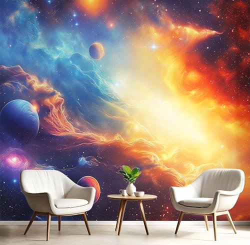 3D Space Galaxy Photo Wallpaper, Bedroom Restaurant Fashion Decoration Space Universe Mural, Living Room Sofa TV Background Large Mural Orange Blue Wall Paintings, 300x210cm (WxH)