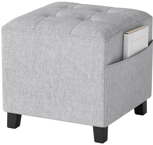 HOMCOM Square Footstool Small Ottoman Side Pocket 35 x 35 x 35cm Light Grey | Linen-look Fabric, Rubber Wood Legs, Padded Seat, Footrest, Foot Stool, Living Room, Bedroom, Entryway