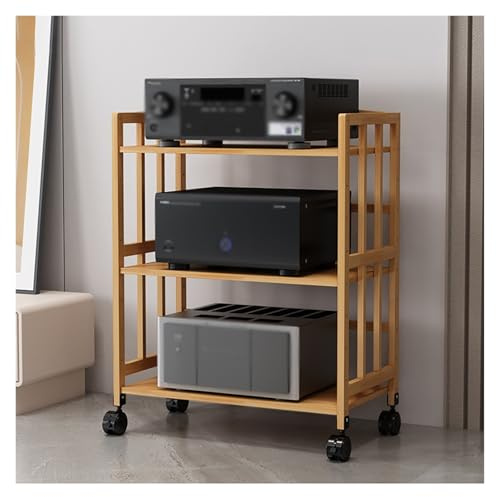 HiFi-Regal, AV-Regal, Heimkino, Medien-Aufbewahrung mit Rollen, 3-stöckig, Bambus-AV-Ständer für TV- und Audio-Geräte, 60 cm breit, stilvolle Medienkonsole für Wohnzimmer
