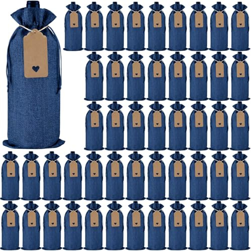 Windyun 50 Pcs Burlap Wine Bag Bulk Gift Bag with Drawstrings, Reusable Wine Bottle Bags with Gift Tags and Ropes for Birthday Holiday Blind Tastings Party Home Storage (Blue)