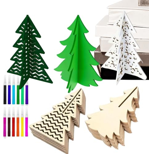 Unfertige Holz Weihnachtsbäume | 3D Unfertige Bastelarbeiten - 48 Teile DIY Holz Weihnachtsbaum Ausschnitte Mit Farbmarkern Set | Für Tischdekoration Malen Küche Zuhause Schlafzimmer