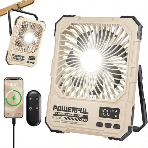 Vurlexat 20000mAh Portable Camping Desk Fan with Light, 72H Runtime(Khaki) | Rechargeable Desk Turbo Fan, Power Bank, Ultra-Slim, Powerful Speed, with Hook, Remote Control, for Outdoor, Tent, Travel