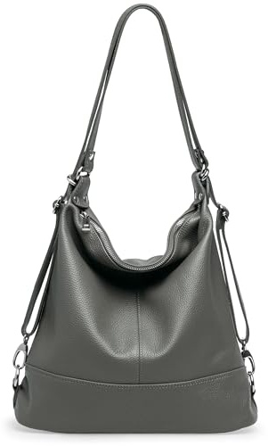 Caspar 2 in 1 Schultertasche Rucksack aus Leder Damen Tasche - PREMIUM LINE - Modell No.796 - Made in Italy, Farbe:dunkelgrau, Größe:One Size