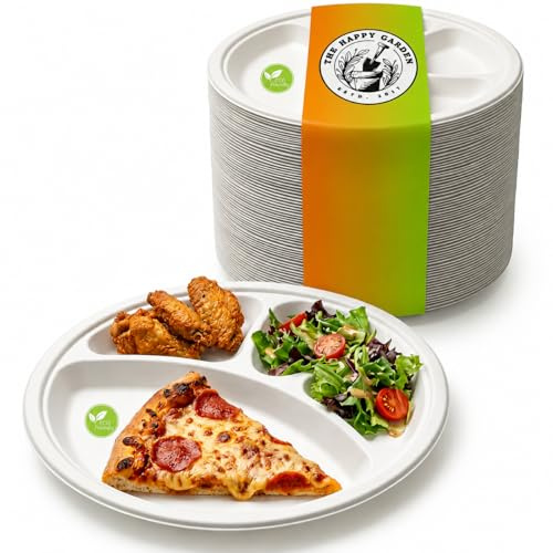 The Happy Garden Bagasse Plates 4 Compartment (Pack of 50)- Heavy Duty, Eco Friendly Sugarcane Disposable Dinner Dishes, Compostable Plate for Meals, BBQ, Party, Picnic, Microwave & Freezer Safe