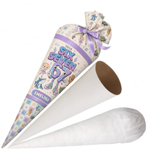Schultüte Six Seven 67 Lila mit Namen für Mädchen Personalisierte Tüte 70 cm Zuckertüte aus Stoff mit runde Papprohling und Füllung aus Silikonkügelchen große Tüte als Kissen
