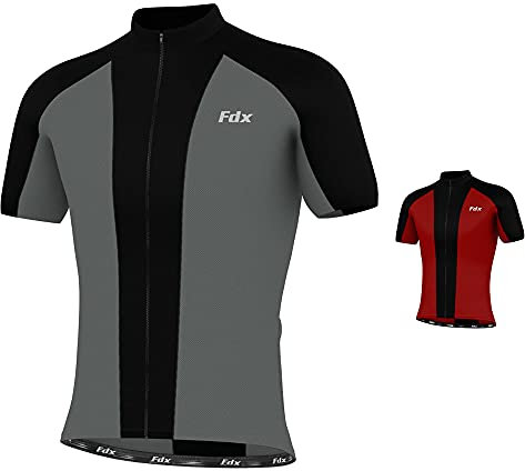 FDX Cycling Jersey Men’s - 100% Polyester, Quick Dry, Breathable, Short Sleeve Cycle Tops - Full Zipped Bicycle Riding Shirt, Mountain Bike, Running, Outdoor Sports, MTB Racing Clothes (Grey M)