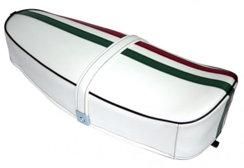 SELLA SELLINO VINTAGE PER VESPA 125 PRIMAVERA TESSUTO IN SEMILPELLE BIANCO SEDILE DIEFFE P0030FTB CON FASCIA TRICOLORE DIEFFE IMBOTTITURA IN SPUGNA MADE IN ITALY