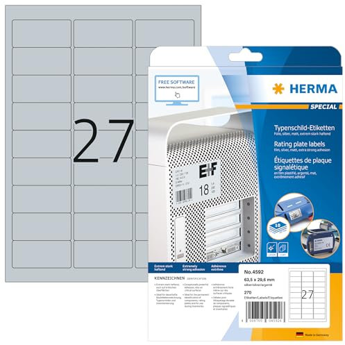 HERMA 4592 Typenschild Folien-Etiketten silber, 10 Blatt, 63,5 x 29,6 mm, 27 pro A4 Bogen, 270 Stück, selbstklebend, bedruckbar, wetterfest, blanko Klebeetiketten Aufkleber aus Folie