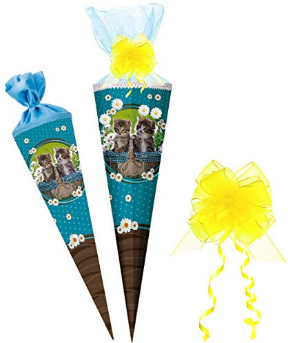 Schultüte - süße Katzen & Kätzchen - 35 cm - rund - incl. Schleife - mit Tüllabschluß - Zuckertüte - mit/ohne Kunststoff Spitze - Nestler - Schultütensc..