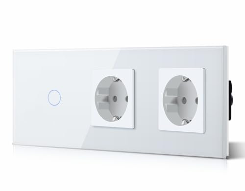 BSEED Touch Lichtschalter mit Steckdosen 1 Fach 1 Wege Glas Touch-Panel Lichtschalter und Steckdosen Weiß 228mm