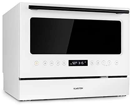 Klarstein Azuria Table Dishwasher - Freestanding, EEC, F, 6 Place Settings, Water Consumption: 6.5 Litres, 6 Wash Programmes, Self-Cleaning, 49 dB, Design Door with Black Glass Front, White