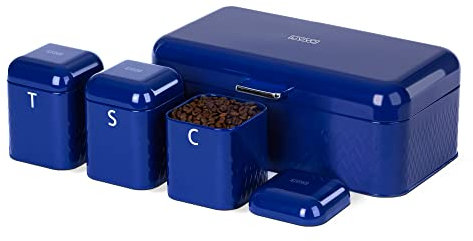 LIVIVO Taurus 4pc Kitchen Storage Set with Airtight Lids Includes Tea Coffee Sugar Canister Jar with Matching Stylish Bread Bin (Navy Blue)