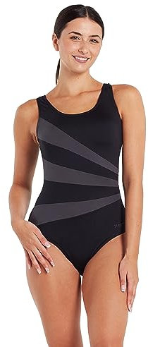 Zoggs Sandon Scoopback Swimming Costume Women (Black/Eco Fabric, 46-inch / 22 UK) Swimwear One Piece, Fixed Foam Cups, Medium Leg Swim Suit with Tummy Control, Swimsuits for Ladies