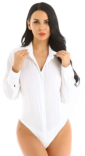 Mufeng Body da Donna Camicia Bianca Maglia Elegante a Maniche LungheCorte Slim Estiva Maglia Colletto Perizoma Bodysuit Shirt Body Shaper Abito Ufficio Casuale