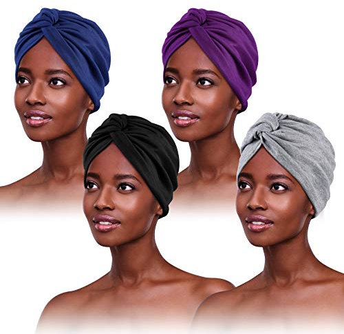 PHOGARY 4 Stücke Turban für Damen, Verknotet Tuch Falten-Kopfbedeckung Kopftuch Sommer Mütze Chemo Hut Für Haarverlust Mit Blume, 4 Farben