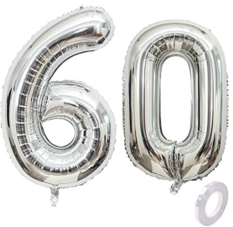 Helium Luftballon 60 Silber Geburtstagsdeko 40 Party Deko Supplies, Folienballon für Frau Mann, Ballon für Frauen (60)