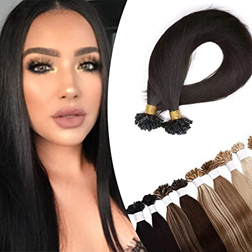 SEGO Bondings Extensions Echthaar 0.5g/Strähnen 200 Strähnen Haarverlängerung Keratin U-Tip Glue 100% Remy Human Haar Naturschwarz #1B 56 cm (100 g)