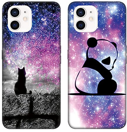 DiaryTown 2 Pack Hülle für iPhone 12 Mini Liquid Silikon Handyhülle mit Motiv Schutzhülle Ultra Dünn TPU Bumper Rundumschutz Schwarz Case für Cover iPhone 12 Mini - Katze & Panda