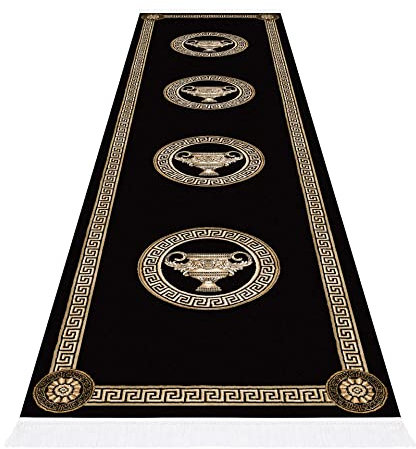Premium Flur Teppich Läufer Teppichläufer Flur Schlafzimmer Wohnzimmer in Schwarz Gold Mäander Amphore Muster mit Fransen - Kurzflor Flauschig Antirutsch Seidenoptik 100% Viskose - 80x300 cm