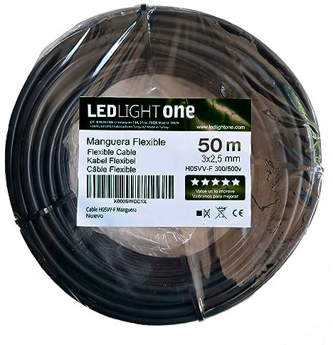 Led Light One Cavo H05VV-F tubo 3 x 2,5 mm 50 m (nero) Tensione di esercizio: 500v Temperatura massima di esercizio 70º. Cavi per installazioni fisse e mobili in ambienti domestici e uffici.