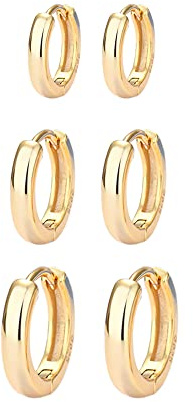 3 Paar Gold Klein Creolen, Gold Huggie Creolen Set, Creolen Klein, Kupfer, 24k Vergoldet, Nadel aus 925er Sterlingsilber, 2,5 mm Breit, für Jungen, Mädchen, Männer, Frauen (9 mm, 11 mm, 13 mm)