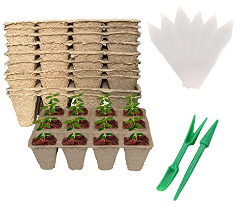 RNSUNH Lot de 12 pots de tourbe - 144 cellules - Biodégradables - Avec 12 étiquettes pour plantes et 2 outils à main