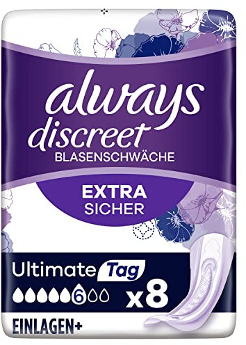Always Discreet Inkontinenzeinlagen Plus Ultimate Tag (8 Binden) für Damen, starker Schutz, den Sie kaum spüren