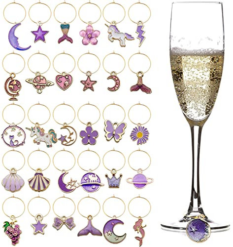 VICDUEKG 31 PCS Weinglas Anhänger Charms, Glas Identifikations Getränke Markierungen Glasmarkierung Thema Strand Getränkemarker Partydekoration für Party Weinglas Wein Cocktail Champagner, Violett