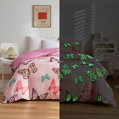 Homewish Leuchtende Bettwäsche Kinder Mädchen 155 x 220 Schmetterlings Muster im Dunkeln Leuchtende Deko Bettwäsche Weich Wendbar Atmungsaktiv Mikrofaser Bettbezug und Kissenbezug 80 x 80 cm