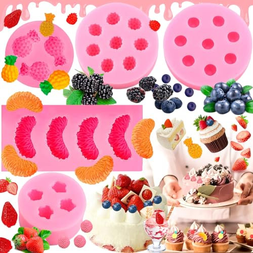 Brateuanoii 5 Piezas Moldes De Pastel De Silicona Fondant 3D Molde De Fruta, Molde Decoración De Tartas Herramientas, Hacer Bricolaje Dulces Chocolate Moldes, Moldes Silicona Reposteria Forma Frutas