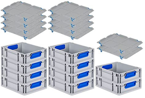 PROREGAL SuperSparSet 10x Eurobox NextGen Color mit Auflagedeckel & Schiebeschnappverschlüsse, HxBxT 12x30x40cm, 11L, Griffe blau geschlossen, Glatter Boden, Eurobehälter Transportbox