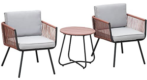 Outsunny Ensemble de Jardin Salon de Jardin en résine tressée 3 pièces Cadre en Acier 2 fauteuils + 1 Table Basse Coussins Inclus Teck Gris Orange