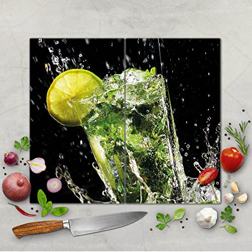 banjado Schneidebrett Glas mit Motiv Brasilianischer Cocktail - großes zweiteiliges Glasschneidebrett rechteckig 2 x 30 cm x 52 cm - auch verwendbar als Schneidebrett Herdabdeckung