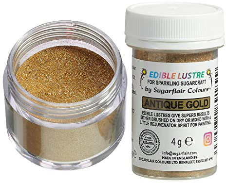 Sugarflair Antique Gold Edible Lustre Dust (E171 Free), Add a Lustrous Shine to Cakes or Decorations. Brush On or Add Rejuvenator to Create Eye-Catching Edible Paint - 4g