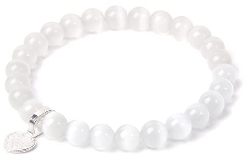8 mm weiße Mondstein-Perlen Armbänder Frauen Mineralstein Balance Yoga Mala Gebet Braelet Männer Klassisch Handgemacht Stretch Armreif, 6,17 cm